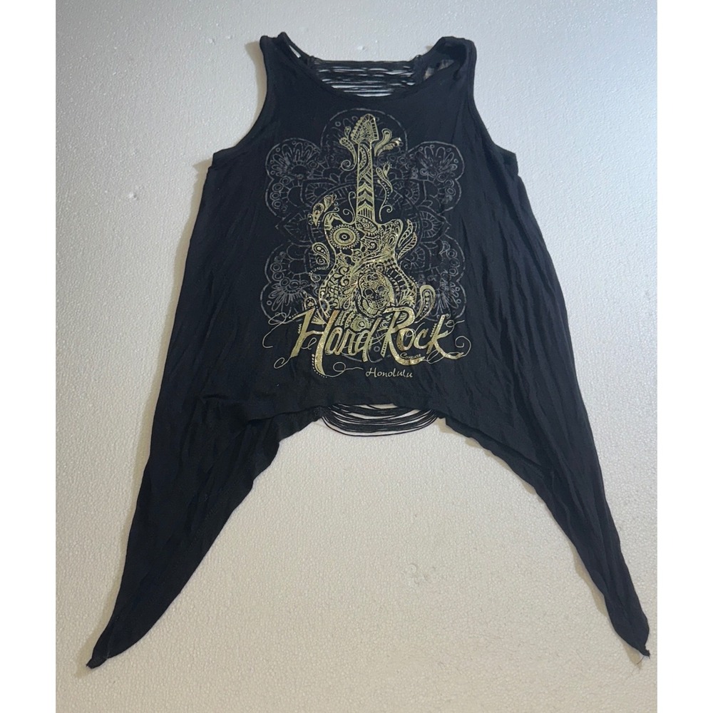 Hard Rock Couture Honolulu Tank Top Black Gold Guitar Shredded Back‎ XS